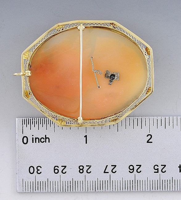 Lovely Hand Carved Cameo Young Woman Diamond 14k Gold Pin Brooch Pendant
