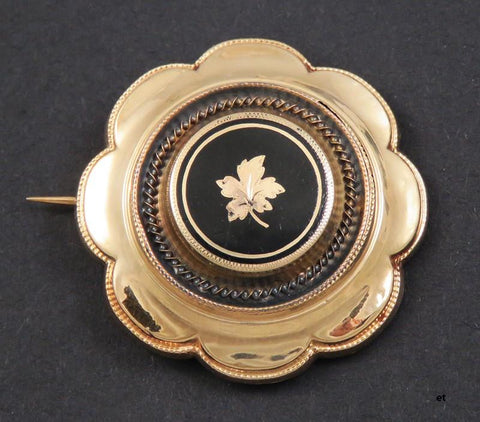 Antique c1850 10K Yellow Gold & Enamel Victorian Mourning Memorial Pin Brooch