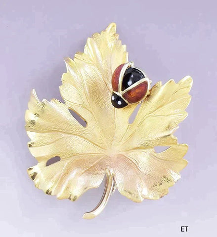 Charming 14k Gold & Enamel Ladybug on a Leaf Pin / Brooch / Pendant