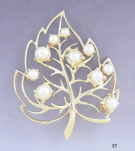 Lovely 14k Yellow Gold Pearl Leaf Shaped Brooch Pin or Pendant