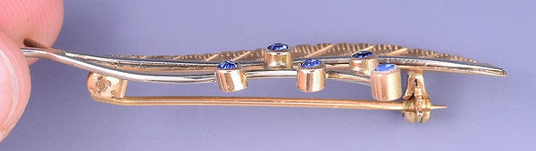 18k Italian Yellow Gold Leaf Pin w/ Stem and 5 Faux Blue Sapphires
