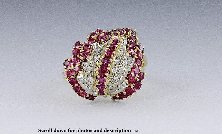 Gorgeous 18K Gold Ruby & Diamond Leaf Form Cocktail Ring