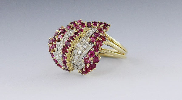 Gorgeous 18K Gold Ruby & Diamond Leaf Form Cocktail Ring