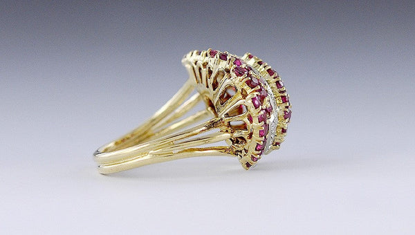 Gorgeous 18K Gold Ruby & Diamond Leaf Form Cocktail Ring