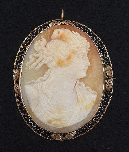 Large Carved Shell Cameo 14k Gold Filigree Pin Brooch Pendant