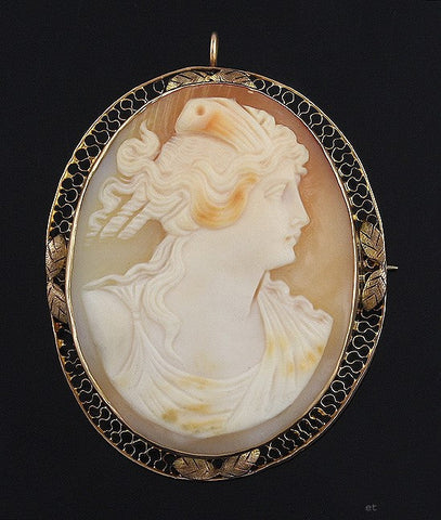 Large Carved Shell Cameo 14k Gold Filigree Pin Brooch Pendant