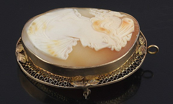 Large Carved Shell Cameo 14k Gold Filigree Pin Brooch Pendant