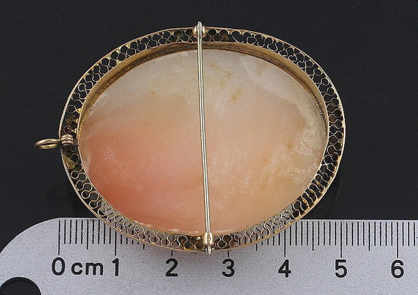 Large Carved Shell Cameo 14k Gold Filigree Pin Brooch Pendant