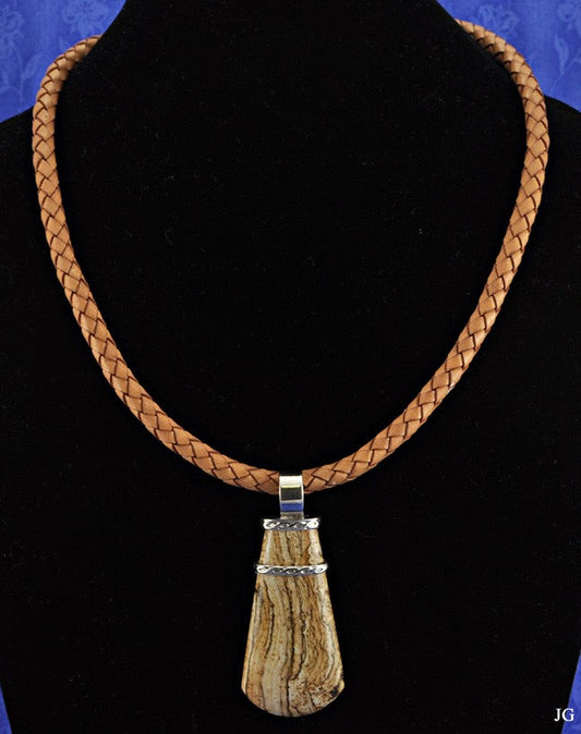 Neat Sterling and Leather Genuine Brown Agate Necklace