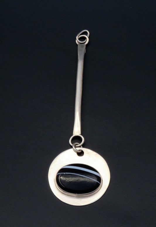 Elegant Artisan Sterling Silver Black Banded Striated Agate Drop Pendant