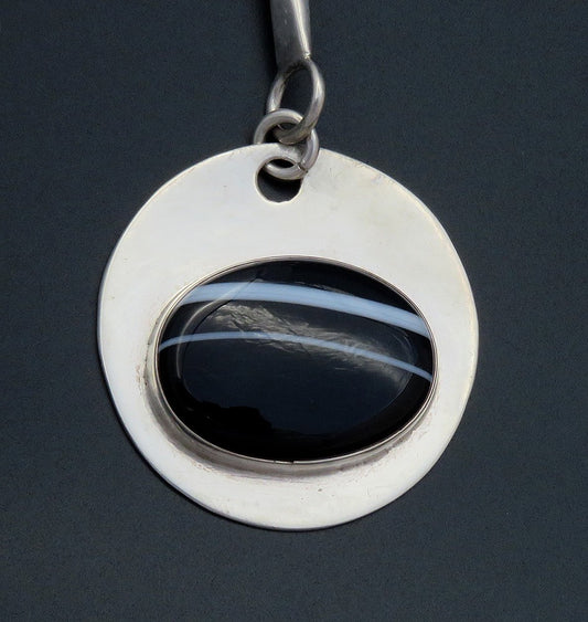 Elegant Artisan Sterling Silver Black Banded Striated Agate Drop Pendant