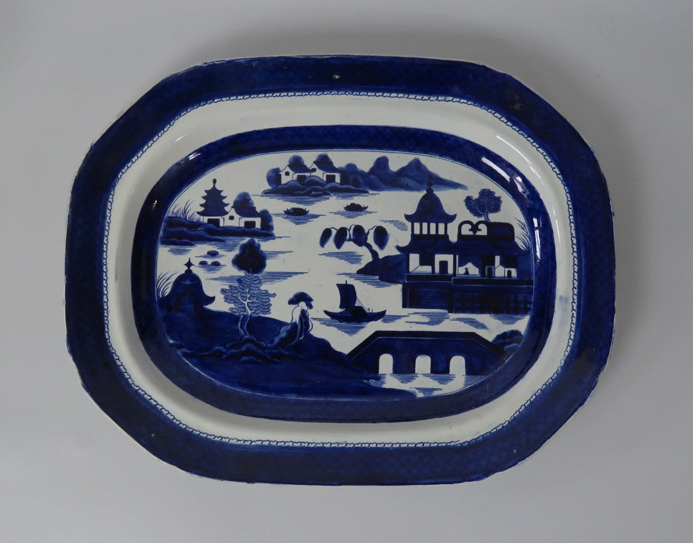 Antique c.1835 Huge English Ironstone Flow Blue White Canton Platter