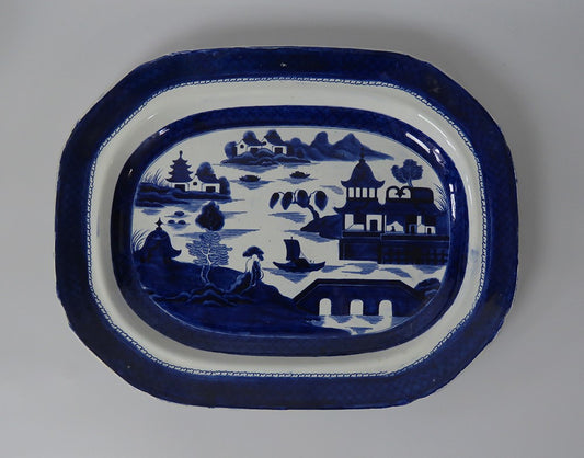 Antique c.1835 Huge English Ironstone Flow Blue White Canton Platter