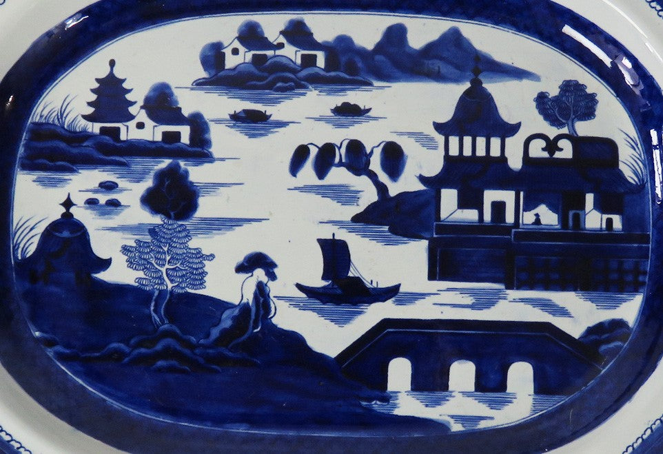 Antique c.1835 Huge English Ironstone Flow Blue White Canton Platter