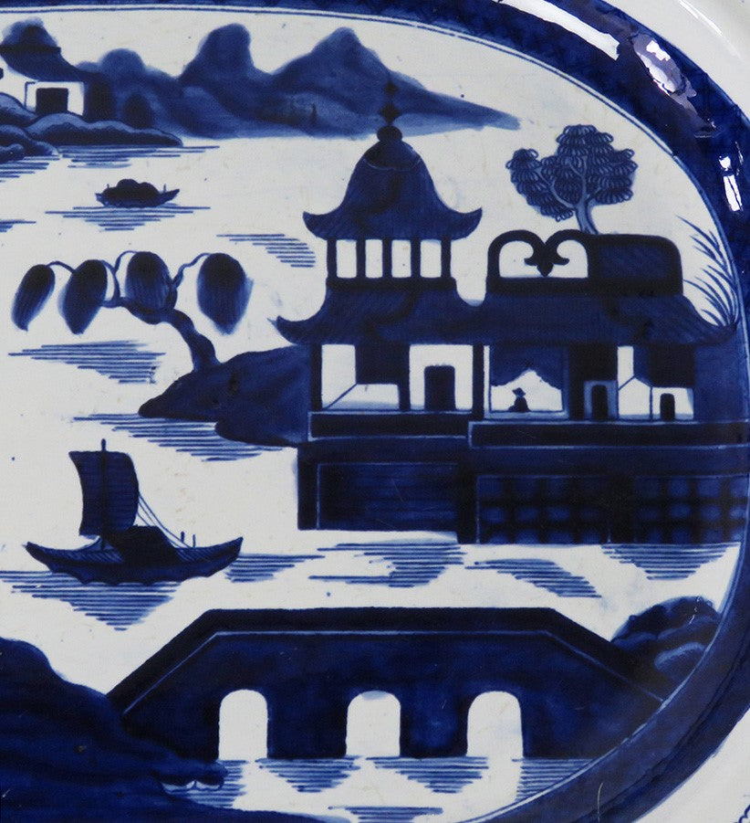 Antique c.1835 Huge English Ironstone Flow Blue White Canton Platter