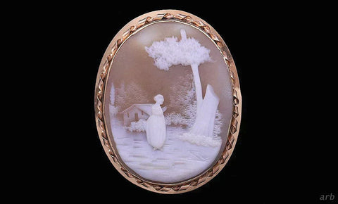 Stunning 1800s Antique 14k Yellow Gold Carved Shell Cameo w/ Figure and Tree