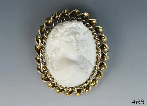 Unusual Carved Lava Cameo Locket Brooch Depicts Woman's Head in 3/4 Position