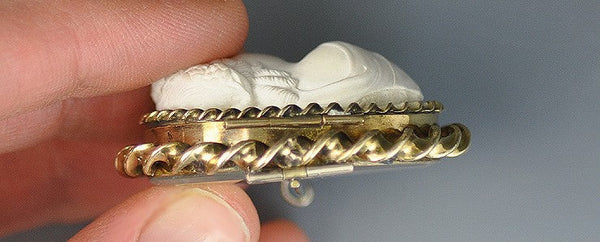 Unusual Carved Lava Cameo Locket Brooch Depicts Woman's Head in 3/4 Position