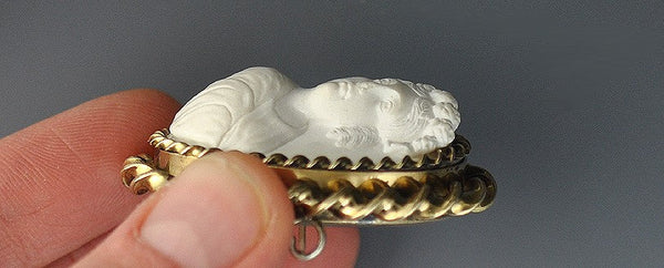 Unusual Carved Lava Cameo Locket Brooch Depicts Woman's Head in 3/4 Position