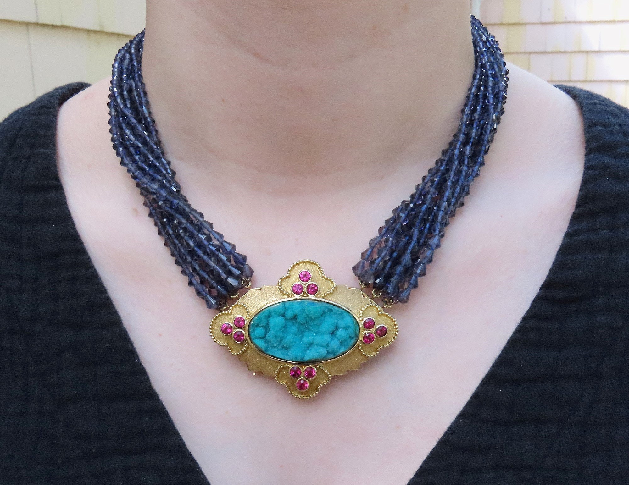 Paula Crevoshay 18k Gold Chrysocolla Ruby Iolite Torsade Necklace Pendant Brooch