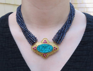 Paula Crevoshay 18k Gold Chrysocolla Ruby Iolite Torsade Necklace Pendant Brooch