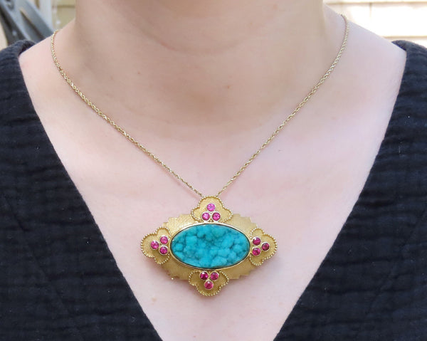 Paula Crevoshay 18k Gold Chrysocolla Ruby Iolite Torsade Necklace Pendant Brooch