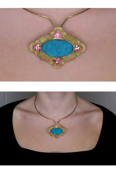 Paula Crevoshay 18k Gold Chrysocolla Ruby Iolite Torsade Necklace Pendant Brooch