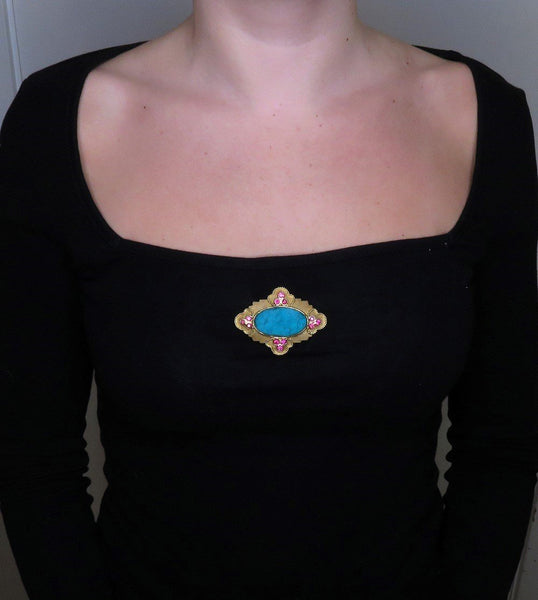Paula Crevoshay 18k Gold Chrysocolla Ruby Iolite Torsade Necklace Pendant Brooch