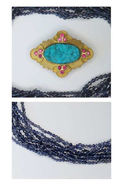 Paula Crevoshay 18k Gold Chrysocolla Ruby Iolite Torsade Necklace Pendant Brooch