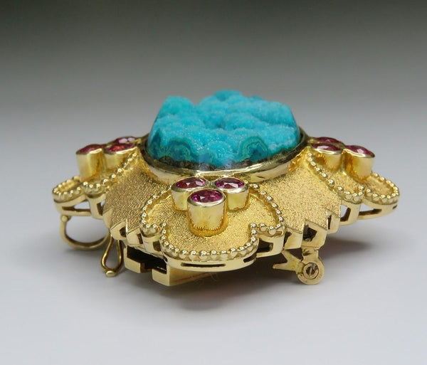 Paula Crevoshay 18k Gold Chrysocolla Ruby Iolite Torsade Necklace Pendant Brooch