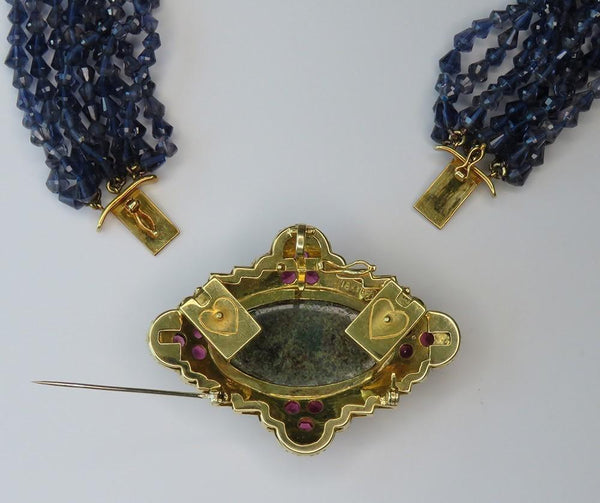 Paula Crevoshay 18k Gold Chrysocolla Ruby Iolite Torsade Necklace Pendant Brooch