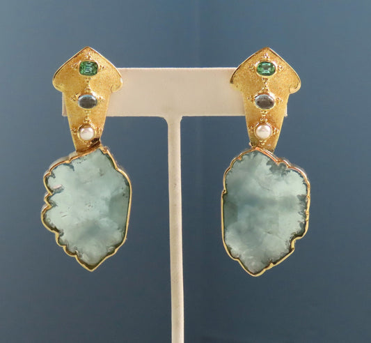 OOAK Paula Crevoshay 18k Gold Aquamarine Slice Sapphire Tourmaline Earrings
