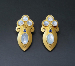 OOAK Paula Crevoshay 18k Gold ~13.86ct Moonstone ~.33ct Sapphire Earrings