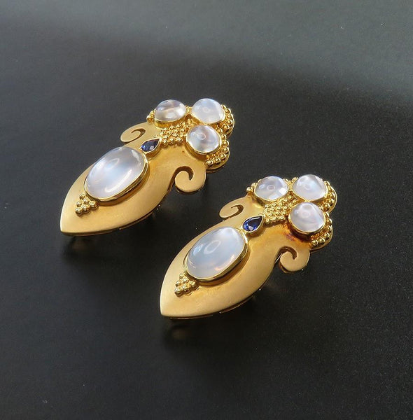 OOAK Paula Crevoshay 18k Gold ~13.86ct Moonstone ~.33ct Sapphire Earrings