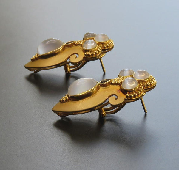 OOAK Paula Crevoshay 18k Gold ~13.86ct Moonstone ~.33ct Sapphire Earrings