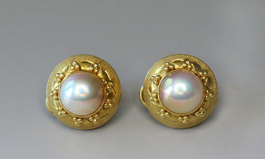 Stunning Paula Crevoshay 18k Yellow Gold Pink Mabe Pearl Dome Earrings