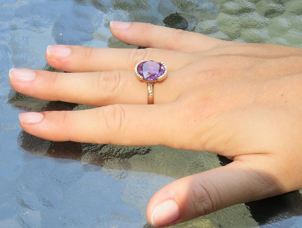 Retro Mexican 14K Gold 6.8 Carat Amethyst Gemstone Statement Cocktail Ring