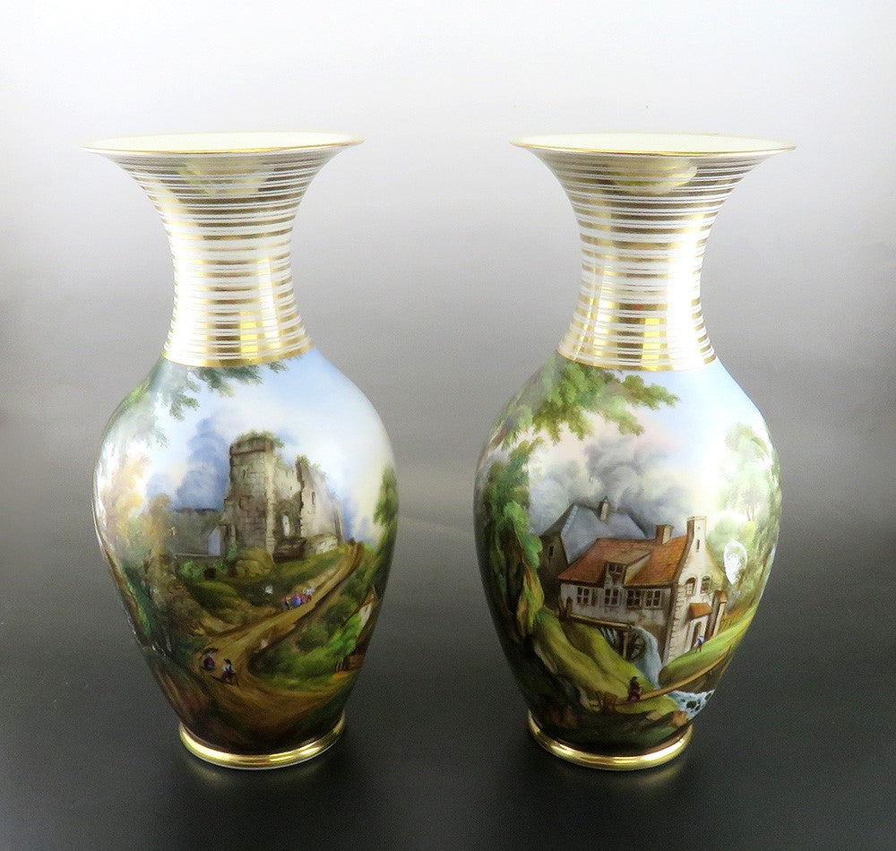Antique Pair Hand Painted Porcelain Landscape Scene Large Flower Vases 13 1/2"