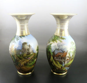 Antique Pair Hand Painted Porcelain Landscape Scene Large Flower Vases 13 1/2"