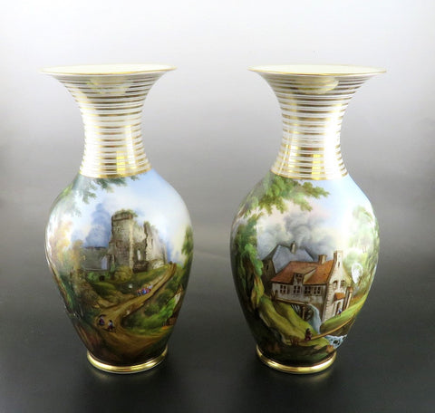 Antique Pair Hand Painted Porcelain Landscape Scene Large Flower Vases 13 1/2"