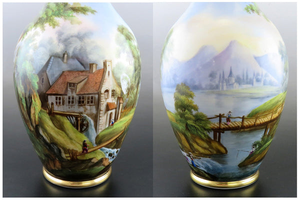 Antique Pair Hand Painted Porcelain Landscape Scene Large Flower Vases 13 1/2"