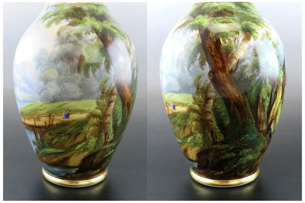 Antique Pair Hand Painted Porcelain Landscape Scene Large Flower Vases 13 1/2"