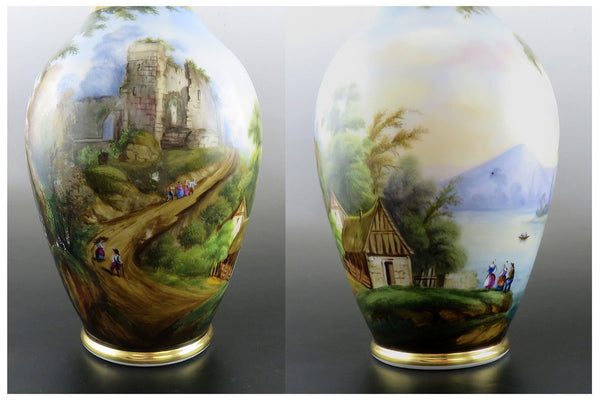 Antique Pair Hand Painted Porcelain Landscape Scene Large Flower Vases 13 1/2"
