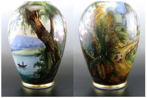 Antique Pair Hand Painted Porcelain Landscape Scene Large Flower Vases 13 1/2"