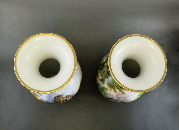 Antique Pair Hand Painted Porcelain Landscape Scene Large Flower Vases 13 1/2"