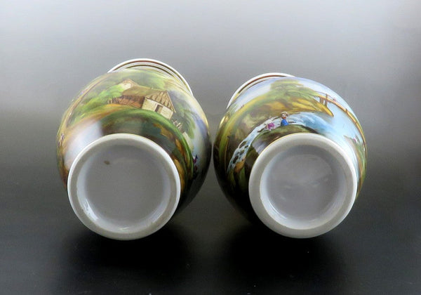 Antique Pair Hand Painted Porcelain Landscape Scene Large Flower Vases 13 1/2"