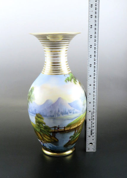 Antique Pair Hand Painted Porcelain Landscape Scene Large Flower Vases 13 1/2"