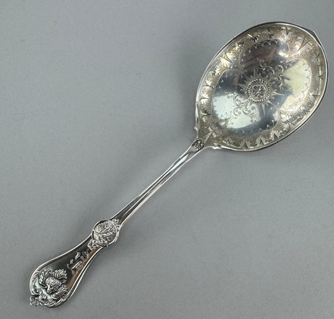 Fine Crisp Durgin Strawberry Coin Silver Large Serving Spoon 1860 - 70s