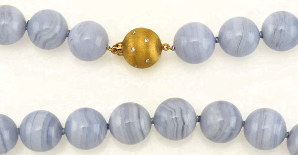 Blue Agate Knotted Beaded Strand Necklace 18K Gold & Diamond Clasp High End