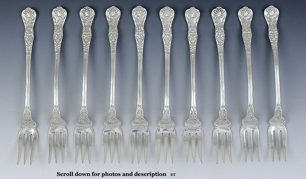 10 Antique c1895 Sterling Silver Gorham New Queens Seafood Cocktail Forks